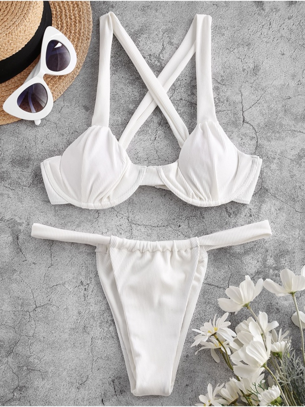 Zaful White Ribbed Cross-Strap Underwire Bikini Set